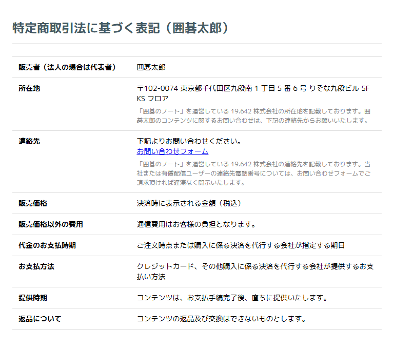 特定商取引法に基づく表記のページ